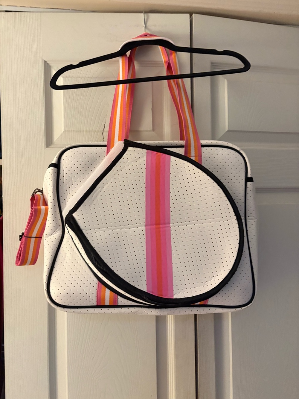 White Perforated Tennis Bag with Pink Stripe Accent